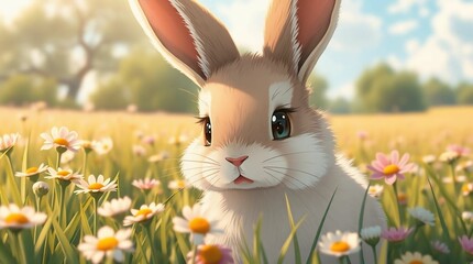 Adorable White Bunny in Wildflower Field – Gentle Nature Illustration