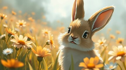 Innocent Cartoon Rabbit in Floral Landscape – Fantasy Bunny Artwork