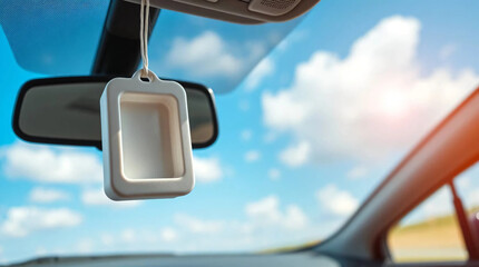 Empty white car freshener hangs on the dashboard with a clear view of the clouds and blue sky outside.