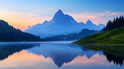Majestic Mountain Peaks Reflecting In Calm Lakeside Sunrise