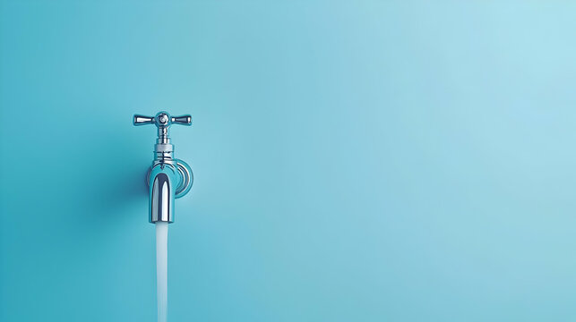 Chrome Faucet With Water Stream On Light Blue Background
