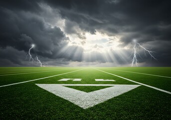 Obraz premium Football Field Illuminated by Sun Rays Under Stormy Sky with Lightning Strikes Creating Dramatic and Intense Atmosphere for Sports