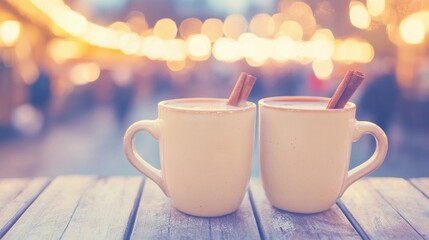 Obraz premium Two white mugs filled with a spiced beverage sit on a rustic wooden table, surrounded by blurred festive lights and a winter market atmosphere