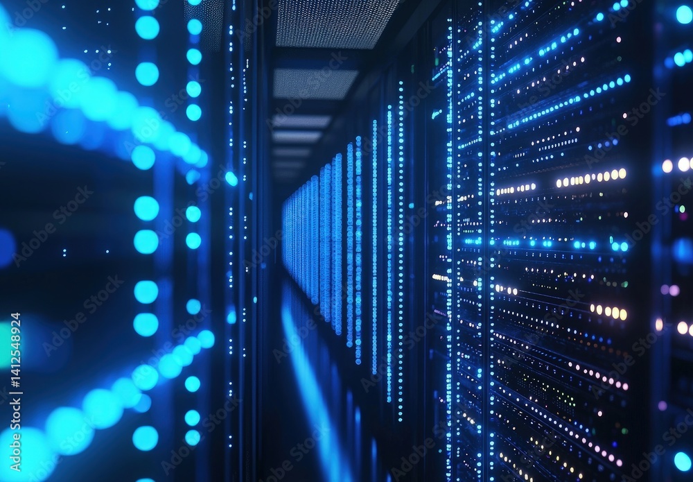 Poster Futuristic server aisle with glowing blue LED lights and blurred bokeh effects, ideal for cybersecurity, data storage, AI infrastructure, and advanced tech system visuals