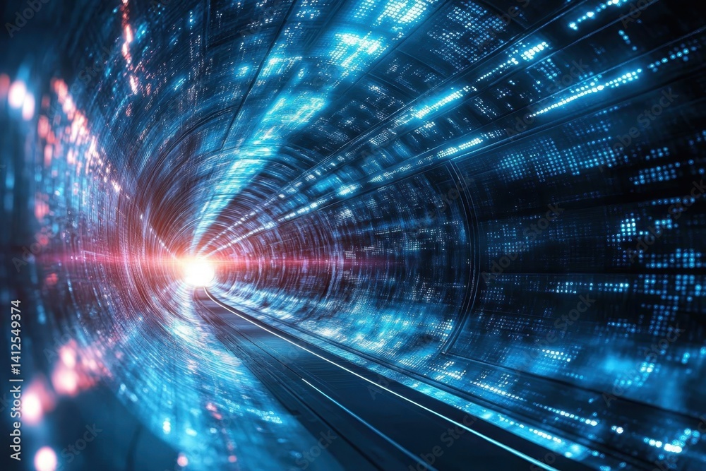 Poster a futuristic tunnel illuminated by blue and red lights with abstract digital patterns in view