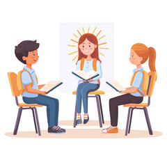 A group of three diverse individuals sitting in a circle, engaging in a discussion with books in hand, set against a bright, cheerful background.