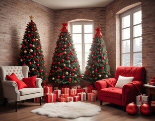 Room decorated to christmas celebration. christmas tree with red balls, bows, gift boxes near the window, cozy chair and santa near brick wall.