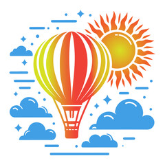 Colorful hot air balloons flying in the sky on a sunny day with clouds and a rainbow in the background