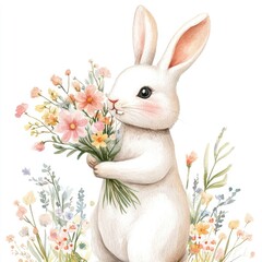 Charming white bunny holding a bouquet of pastel flowers, Easter, watercolor postcard illustration. 