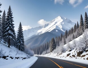 scenic view of the road with snow and mountain and giant trees background in winter season