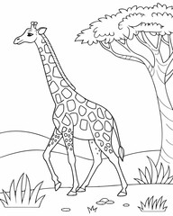 Giraffe Coloring Page with Tree and Savanna Landscape – Wildlife Line Art for Kids and Adults