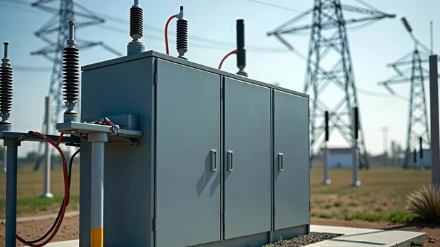 Electrical transformer station with power lines in the background, showcasing modern energy infrastructure.