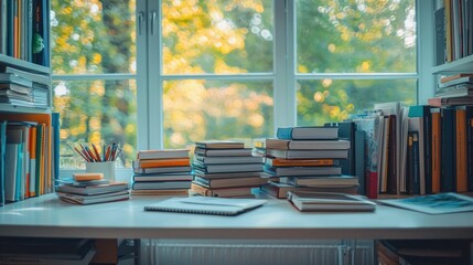 Books stacked on desk by window, autumn leaves outside, study space