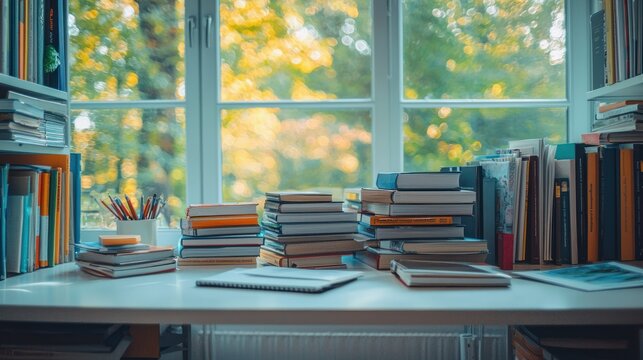 Books stacked on desk by window, autumn leaves outside, study space