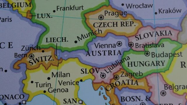 close up of the country of Central Europe viewed on a wold map as a travel concept. Austria on a map. Political map of Czech republic 
