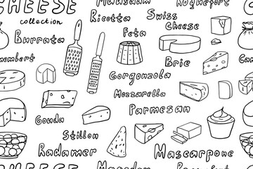 Seamless pattern of cheeses collection in doodle style. Feta, maasdam, burrata, mozzarella, radamer, swiss cheese, brie, parmesan, ricotta, mascarpone, gorgonzola, roquefort, stillon, gouda, camembert