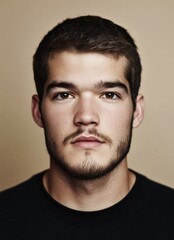 Obraz premium This portrait is a close-up headshot of a young man with a Caucasian ethnicity, on a gray setting