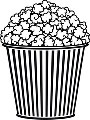 Black and White Striped Popcorn Container with Overflowing Kernels – Minimalist Movie Snack and Entertainment Vector Illustration