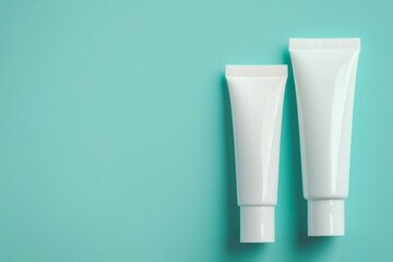 Set up a professional cosmetics flat lay on a blue background, complete with powder, lipstick, shadow, brushes, and sufficient copy space