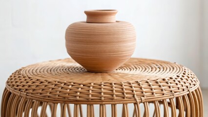 Fototapeta premium Ceramic vase on a woven table surface in a minimalist setting., Sustainable Furniture concept