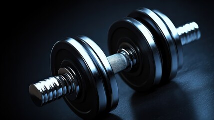 A close-up of pair of adjustable dumbbells with chrome-plated handles, positioned diagonally against dark background, with soft shadows enhancing their three-dimensional form