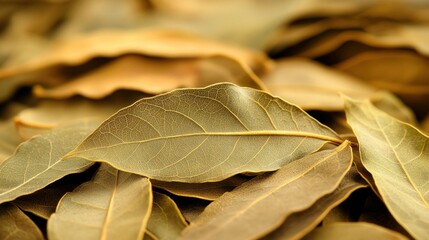 Obraz premium Close-up view of dried bay leaves scattered on a surface, showcasing their texture