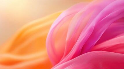 Vibrant, sheer fabric sways gently, blending shades of pink and orange, evoking a sense of tranquility and elegance in a warm setting