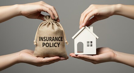 Hands holding insurance policy and house model - securing assets - real estate advertisement.