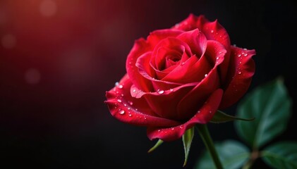 Fototapeta premium Water droplets on the surface of a fresh cut red rose, sparkling in light, colorful, rose