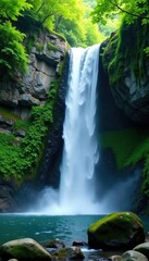 Fototapeta premium Water falls from a rocky cliff amidst lush foliage, lush, green, waterfall