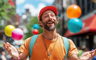 Street Juggler with Colorful Balls in a City Setting