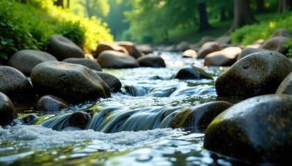 Fototapeta premium Water flows smoothly over rounded rocks in a peaceful stream, water, nature, scenery