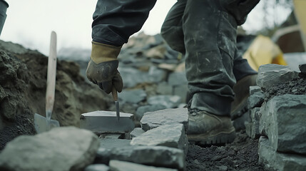 Mason laying the foundation for a stone wall. Strength and technique