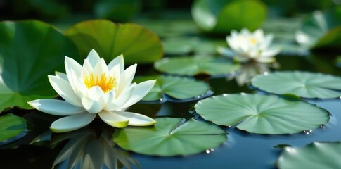 Water lilies and white lotus flowers in a serene pond, pond, aquatic plants, reflection
