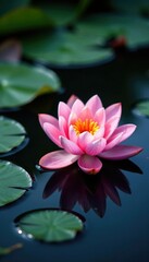 Water lilies float on dark mirror-like surface, water lily, flowers, black water