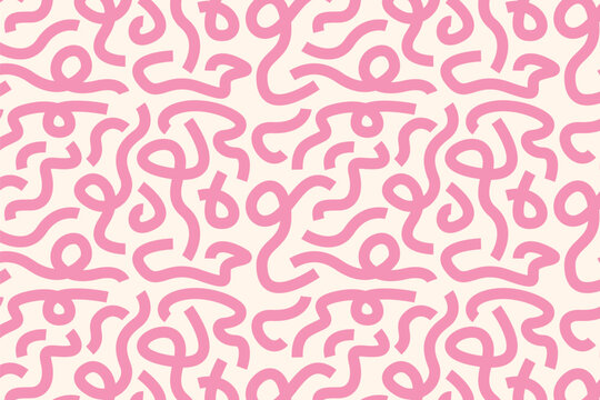 A modern seamless pattern of abstract squiggles in pink on a cream background. Great for textiles, packaging, branding, and web design.
