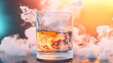 A glass filled with whiskey sits on a reflective surface, surrounded by swirling smoke and glowing lights in an intimate bar setting