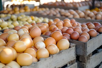 Various potatoes in wooden crates at a market display plentiful harvest.