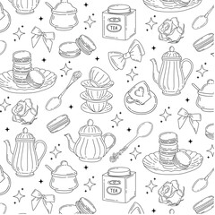 Pattern with coquette vintage tableware, macaroons, roses, stars and bows. Pink delicate background for wedding invitation, valentine, wallpaper design, scrapbook. Vector background in doodle style.