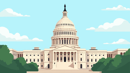 Colorful flat vector of the US Capitol building with a bright blue sky and soft clouds, framed by trees on both sides