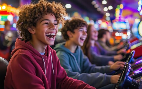 Joyful Kids Playing Arcade Games in a Vibrant Entertainment Center