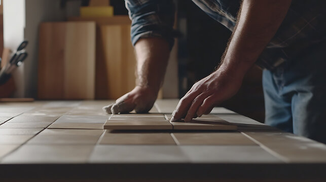 Mason laying tiles in a kitchen backsplash. Featuring tile installation and home improvement