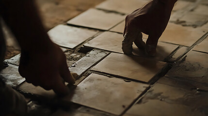 Mason laying tiles for a new kitchen floor. Highlighting tile installation and flooring work