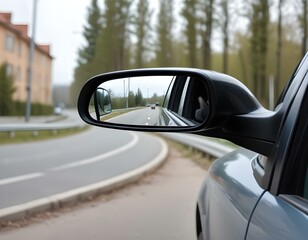 side rear-view mirror on a car. rear view mirror. Focus to mirror view