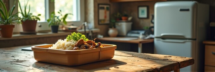 Rustic kitchen with wooden table and asian cuisine in sunlit setting