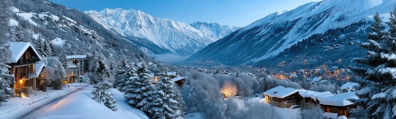 Panoramic view of a ski resort in the French Alps, a vast snow-covered landscape with a beautiful village and modern structures