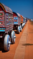 Naklejka premium Colorful Sacred Rath Yatra Carts Lined Up Along Sandy Shore Under Clear Blue Sky