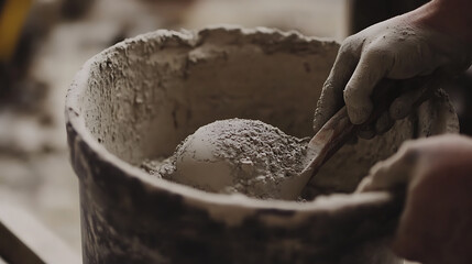 Mason mixing cement for a construction project. Featuring masonry and construction