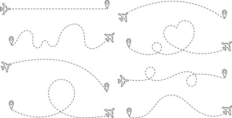 Airplane Flight Path Icons with Dotted Line Routes