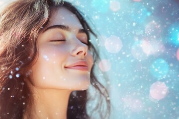 A young woman enjoying a peaceful moment outdoors with sunlight and soft sparkles around her
